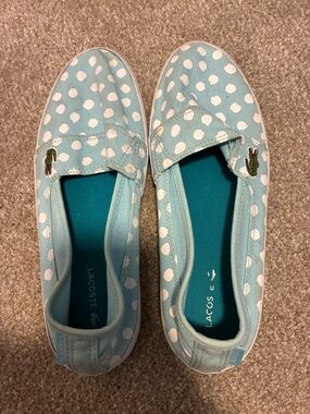 Lacoste Light Blue & White Polka Dot Slip-On Shoes. Girls size 4.5.